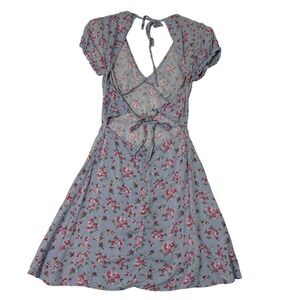 Y2K Floral Print Tie Back Mini Dress Blue Pink Short Sleeve V Neck Cottagecore